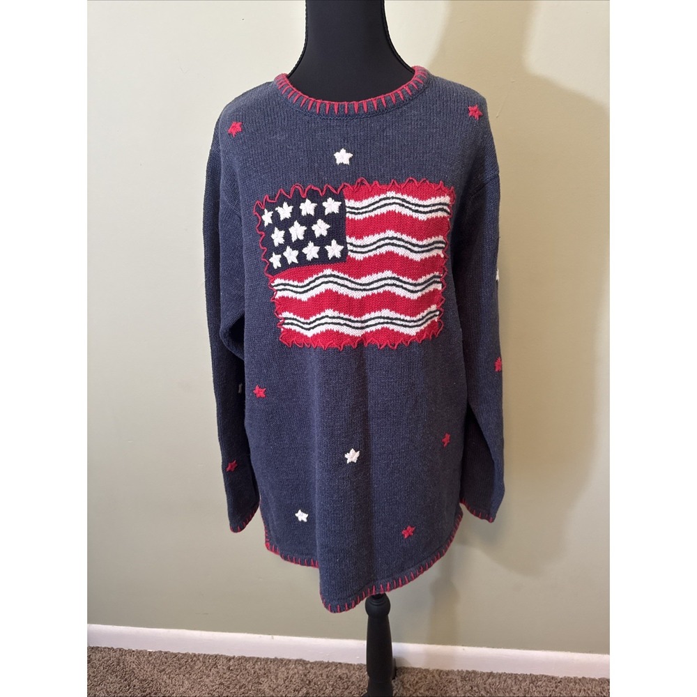 Quacker Factory Long Sleeve Blue Red White Flag Stars Sweater Women's Large L